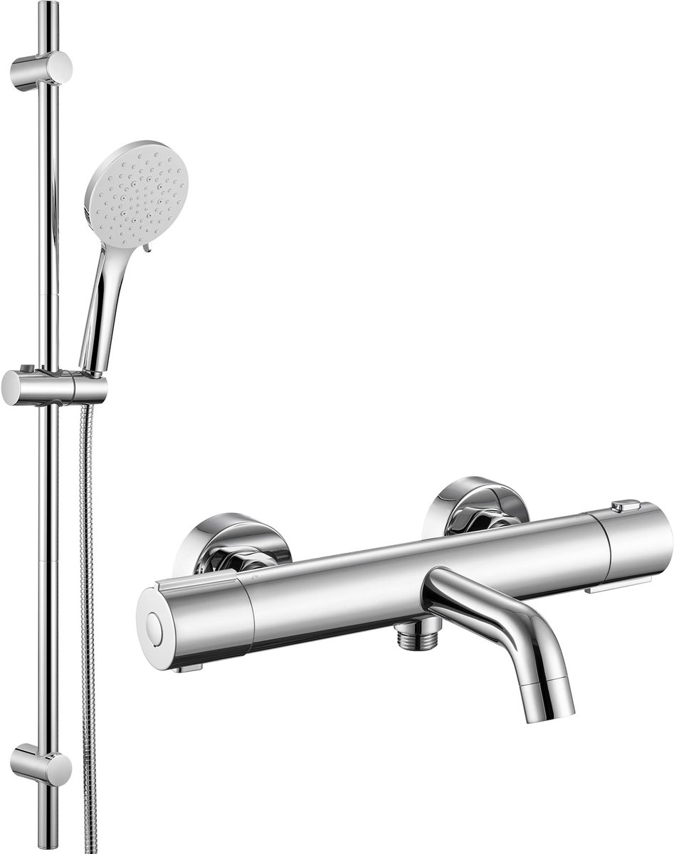 Auralum max Thermostatische Badkraan - 15 cm Hartafstand - 2 Functies - Doucheset - Verstelbare Glijstang 90 cm - 6 Standen Handdouche - Incl 38°c Veiligheidsslot - Waterbesparend - Chroom&Wit