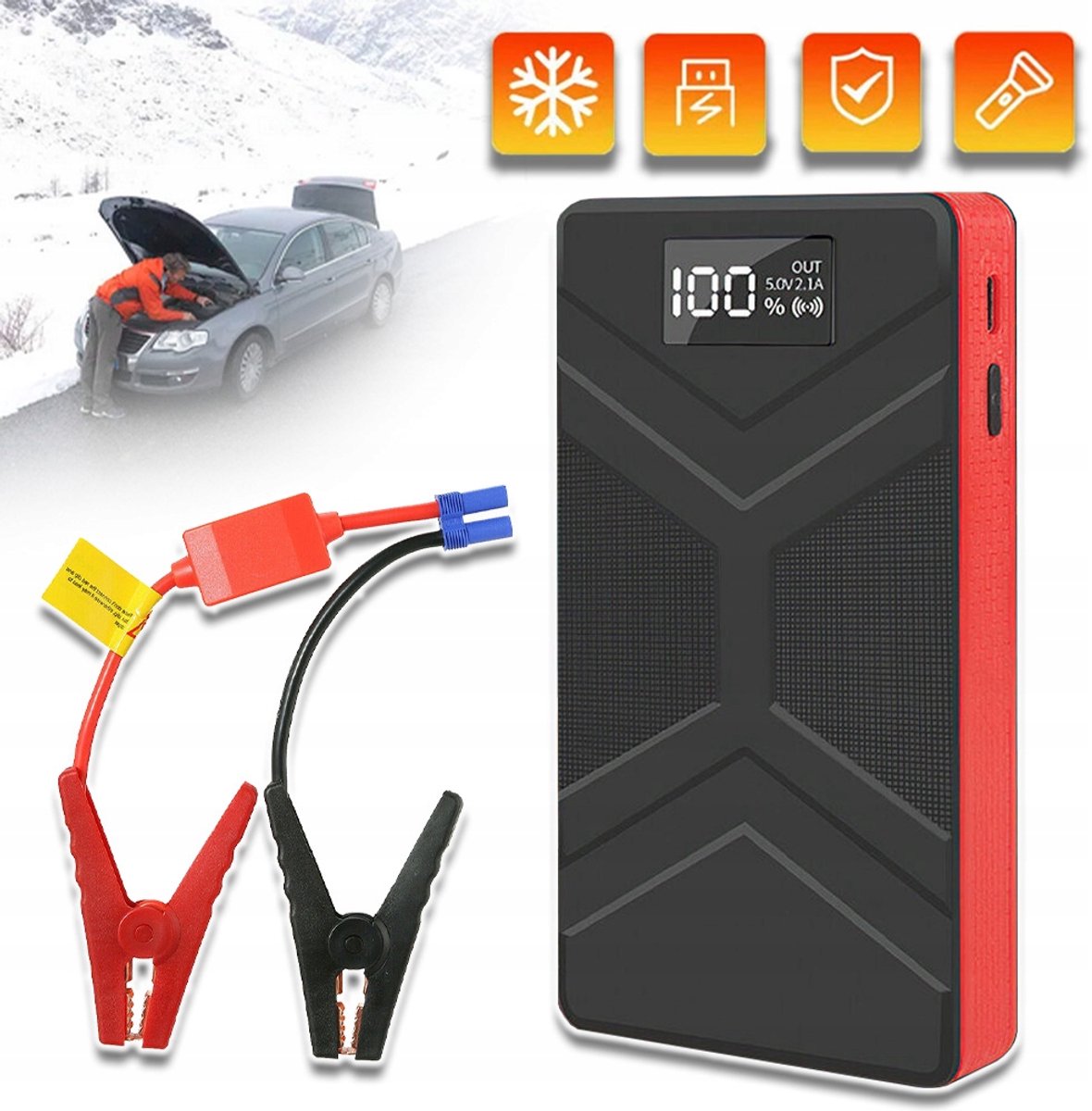 Draagbare Startbooster Jumpstarter 30000mAh Powerbank - 12V Auto Starthulp voor Benzine & Diesel tot 2.0L - 200A Startstroom / 800A Piek - Met LED Zaklamp LCD Display & USB-poorten