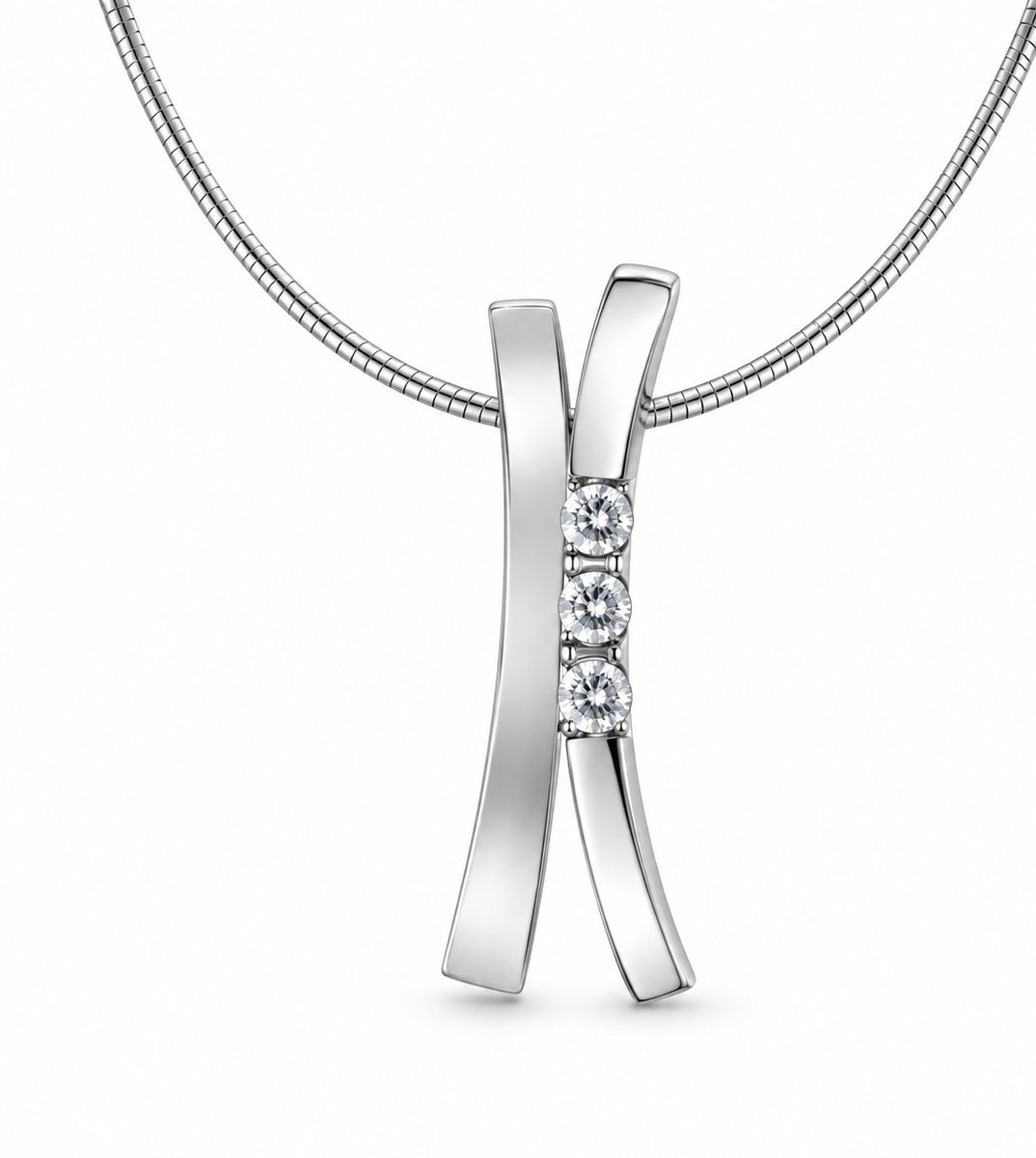 Zilveren Ketting met Moderne Hanger en 3 Zirkonia’s – Elegante Damesketting – Cadeau voor Haar