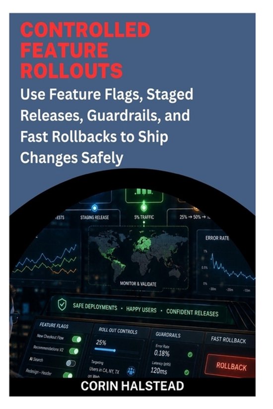 Boekomslag met de titel 'CONTROLLED FEATURE ROLLOUTS'. Toont een dashboard met grafieken, kaarten en knoppen.