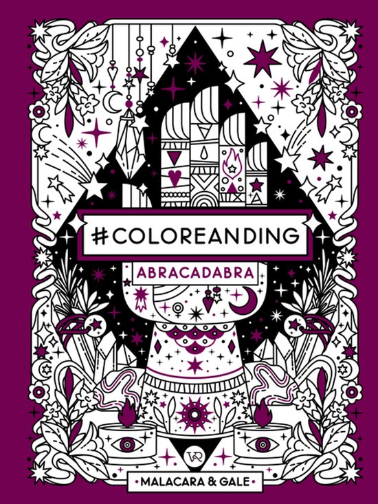 Illustration avec #COLOREANDING et ABRACADABRA dans un cadre avec étoiles, croissants de lune et plantes. Noir et blanc avec fond violet.