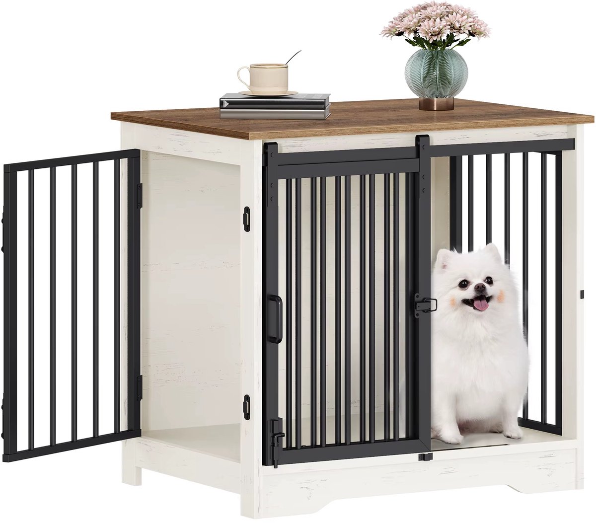 CreateEcom hondenbench - bench - hondenkooi - 69 cm hondenbench - 2 deuren - moderne hondenkooi voor binnen - voor kleine/middelgrote/grote honden - bijzettafel, voor thuis - Wit/hout