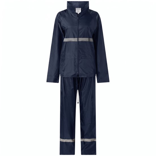 Donkerblauw regenpak voor dames en heren, bestaande uit jas en broek, met reflecterende strepen.