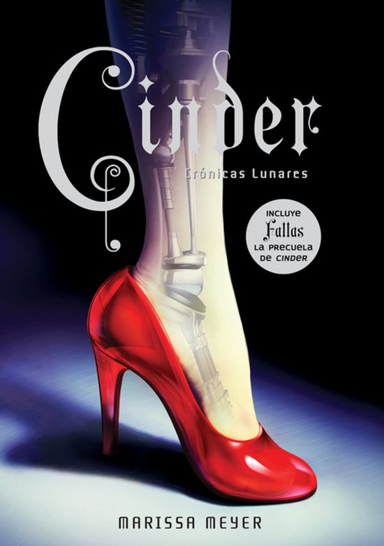De cover van het boek 'Cinder' van Marissa Meyer. Een rode pumps met een gestileerde C voor Cinderella en mechanische onderdelen binnenin.