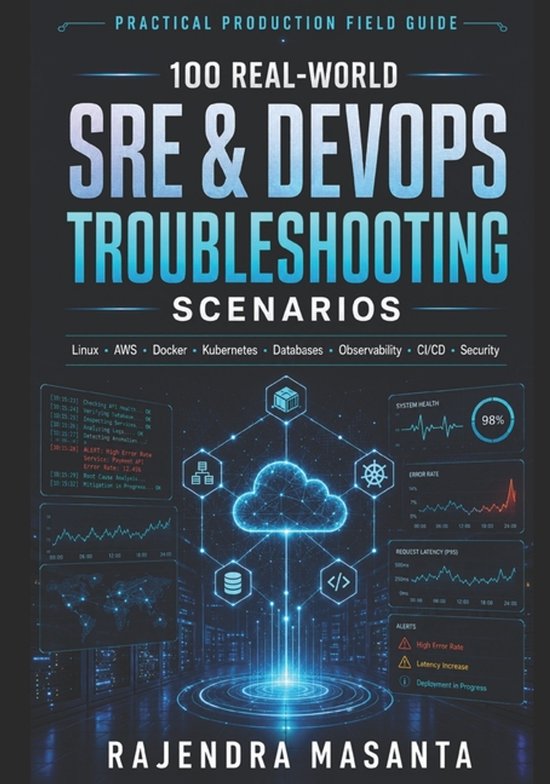 Boekomslag: 100 Real-World SRE & DevOps Troubleshooting Scenarios. Bevat grafieken en diagrammen van systeemgezondheid en fouten.