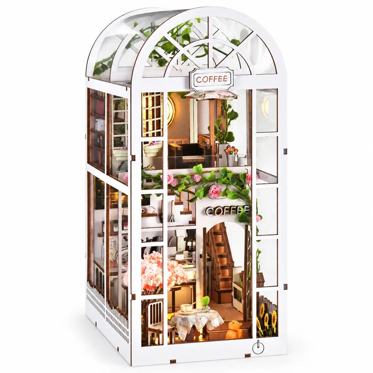 THAR Coffee Garden Book Nook Miniatuurhuis - Houten Bouwpakket met LED-componenten - 24 cm
