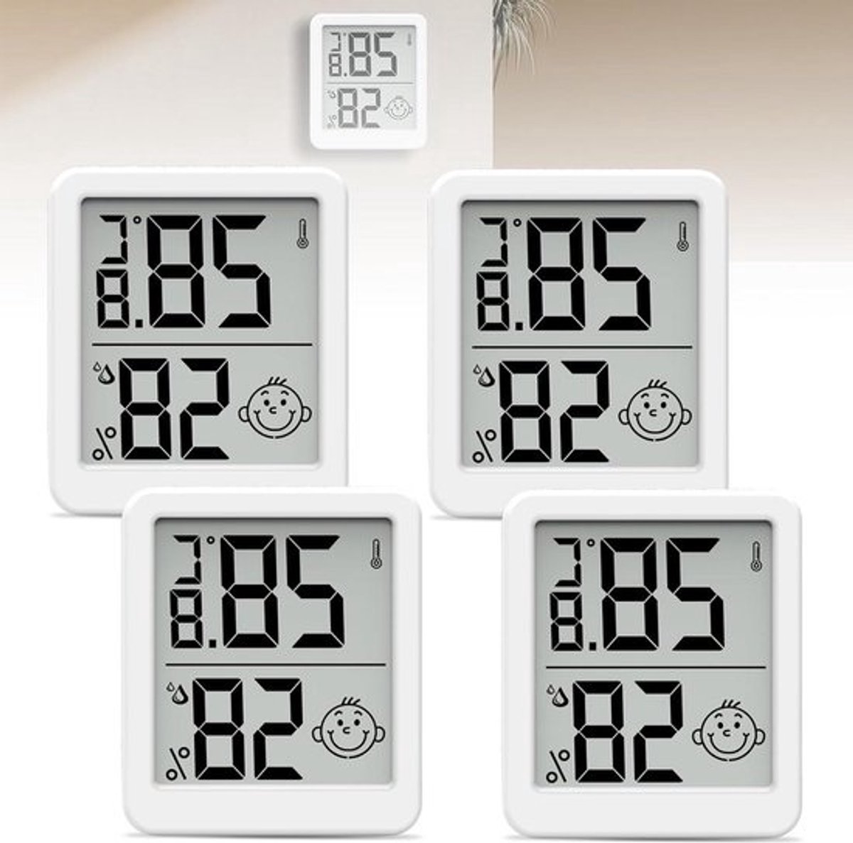 Digitale Mini-LCD Thermometer Hygrometer met Smiley Display - Set van 4 - Voor Binnen - Met Houder - Luchtvochtigheidsmeter - Thermometer voor Broeikas en Babykamer .