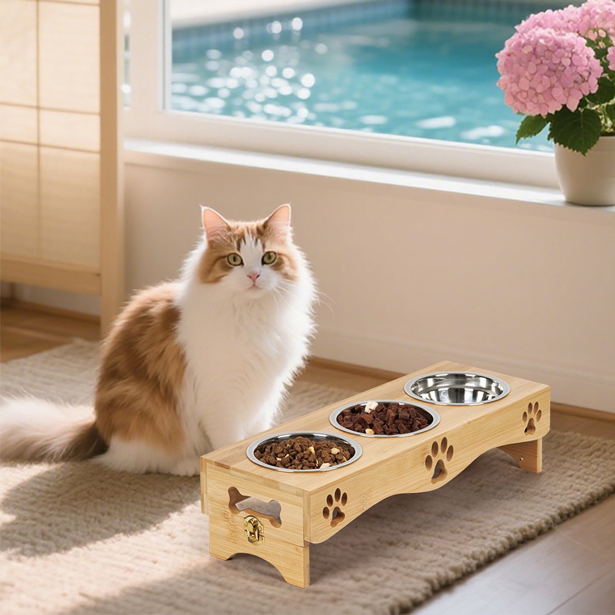 Voerbak voor Kat en Hond - Met Standaard - 3 RVS Voerbakken - 42 x 15 x 11 cm