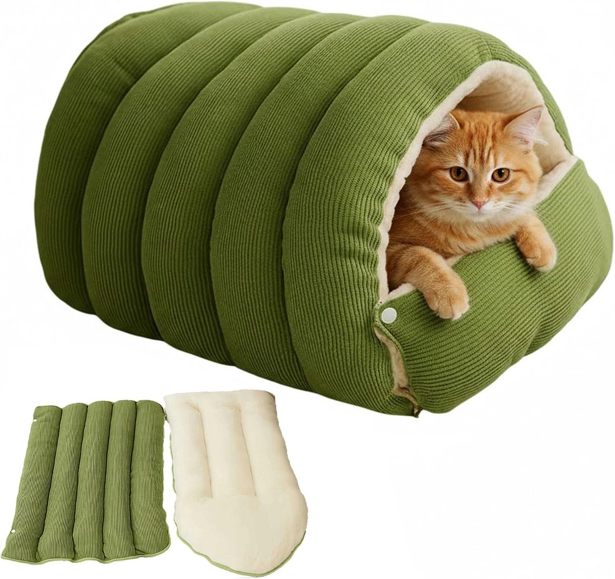 YAGXIG 3-in-1 kattenmand - Grote, afneembare kattenmand - Warm en comfortabel - Kattenmat - Geschikt voor katten en kleine honden - Kattenhuis, hondenmand, dierenmand - 65 x 40 x 28 cm - Groen