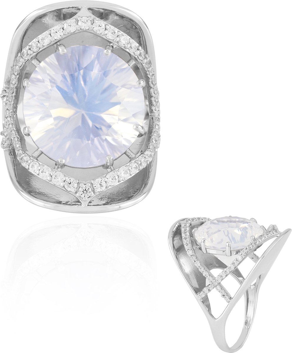 Cavill - Maanblauwe Kwarts Ring 11,96 ct - 925 Sterling Zilver Gerhodineerd - Zirkonia Pavé - Rond Concave - Elegante Damesring