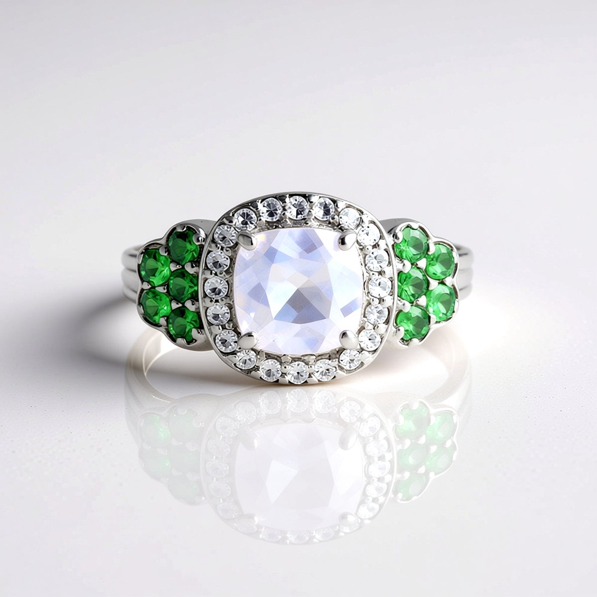 Cavill - Zilveren Ring met 1,15 ct Maan Blauwe Kwarts Antiek Kussen - 925 Sterling Zilver - 10 Keniaanse Tsavoriet Rond - Elegante Damesring