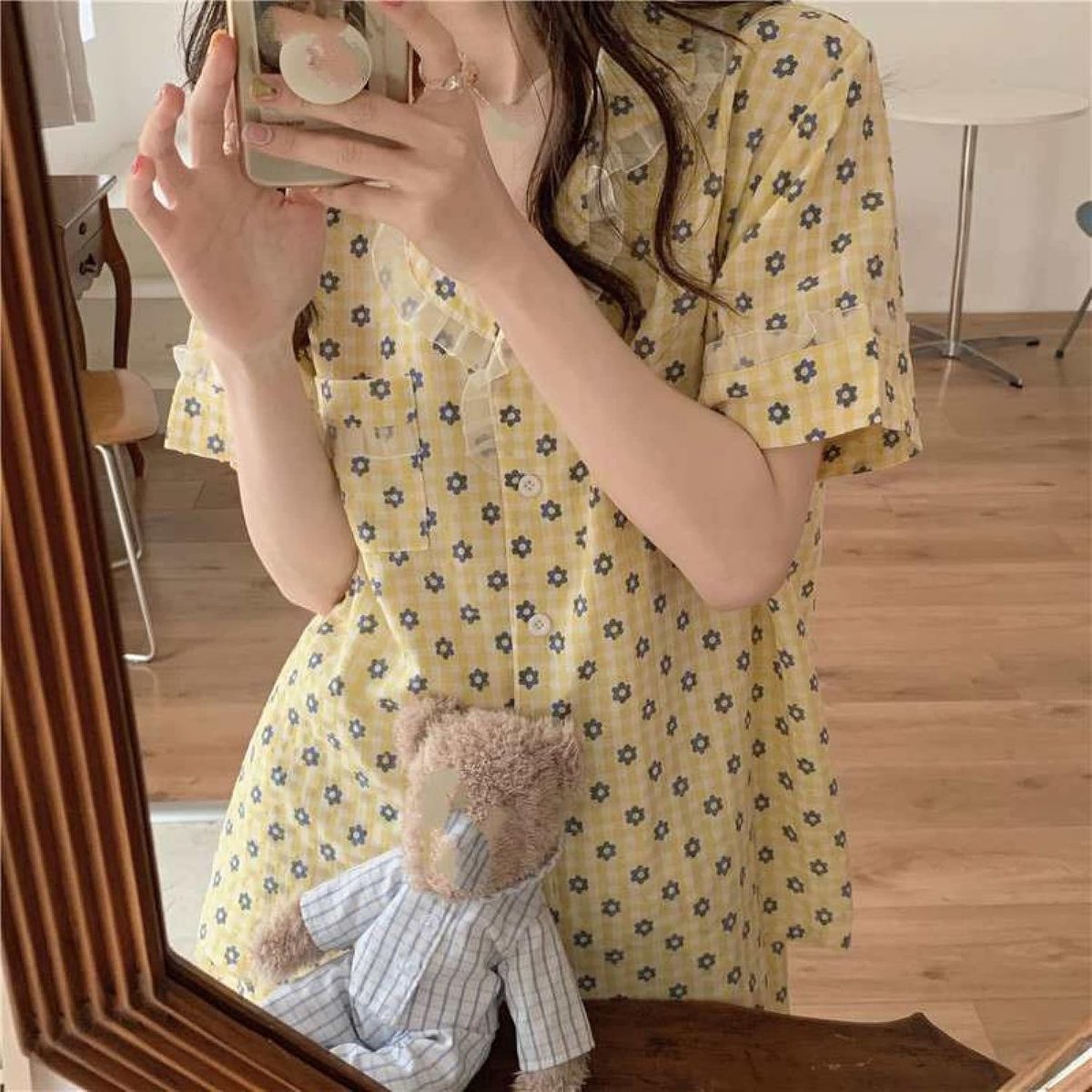 Pyjama Set Met Kanten Revers - Zomer Jacquard Print Nachtkleding Lief Klein Vers Kant Korte Mouw Shorts Homewear Set, Modieus V-Hals Comfortabel Vest Casual Loungewear Tweedelige Set,Geel,Een M