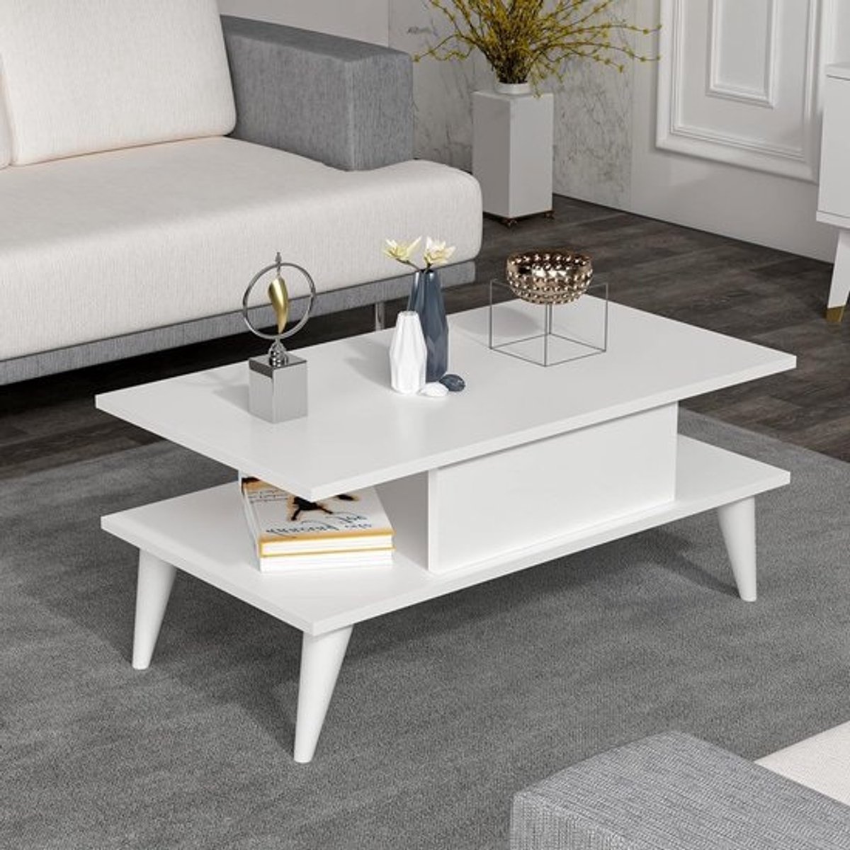 Salontafel met Opbergruimte - Bijzettafel Rechthoekig - Woonkamer Inrichting - Stijlvol Tijdloos Design - 40x90x45 cm - Wit