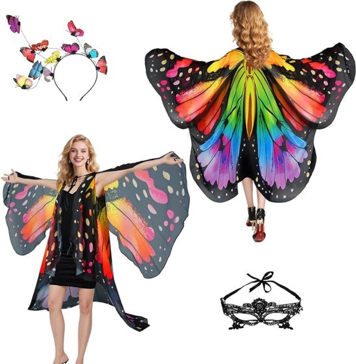 Vrouwelijk Vlinderkostuum met Vleugels, Cape en Accessoires voor Carnaval en Feestjes