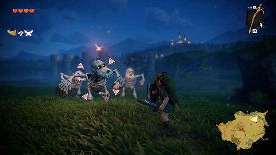 Jonge Link met zwaard en schild staat 's nachts tegenover drie skeletachtige monsters op een grasveld. Een kasteel op de achtergrond.