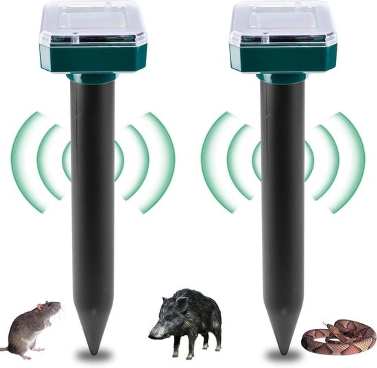 Ultrasone mollenverjager op zonne-energie, waterdicht en effectief tegen mollen en aardhoorns, 2 stuks