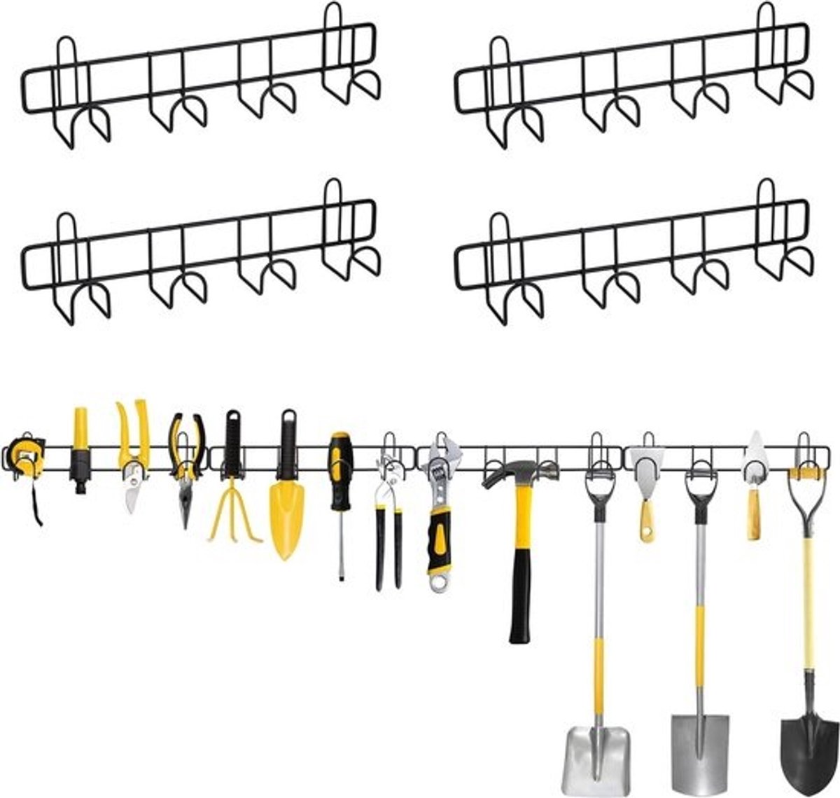 4pcs Tuin Gereedschap Houder Wandmontage - Metalen Tool Houder met 4 Haken - Organizer voor Garage en Tuin, Zwart