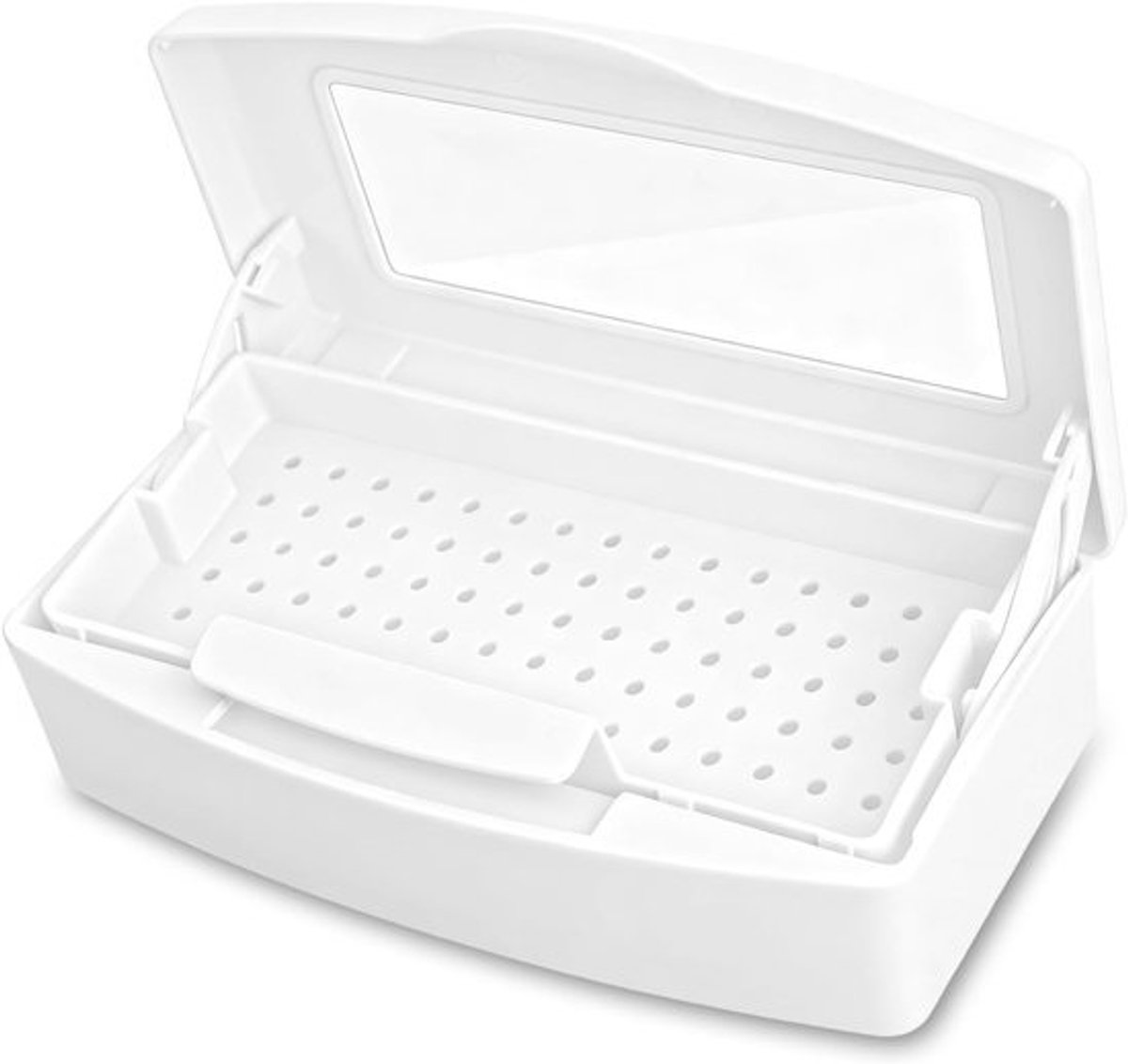 Disinfecterende tray voor nageltools, sterilisatiebox met afneembaar zeef en deksel, ideaal voor schoonheidssalons en manicure, reiniging van haar- en nagelinstrumenten