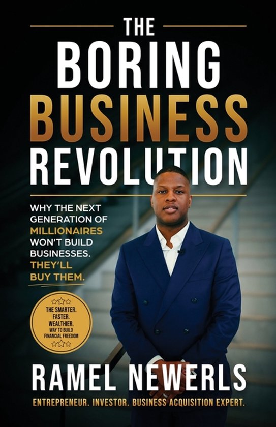 Boekomslag: Ramel Newerls in een marineblauw pak voor 'The Boring Business Revolution', met gouden tekst.