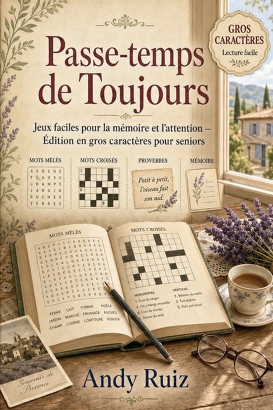 Boek met de titel 'Passe-temps de Toujours' in grote letters, met puzzels en teksten.