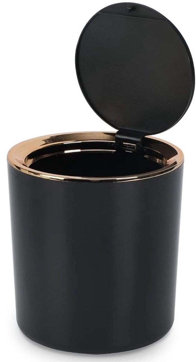 Mini Prullenbak met Deksel - 15 x 14.5 cm - Draagbaar voor Badkamer - Woonkamer - Keuken - Auto - Kaptafel - Zwart