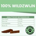 100% wildzwijn strips hondenvoer. Analyse: Ruw Eiwit 37.9%, Ruw Vet 23.4%, Vochtgehalte 3.7%, Ruwe As 25.21%.