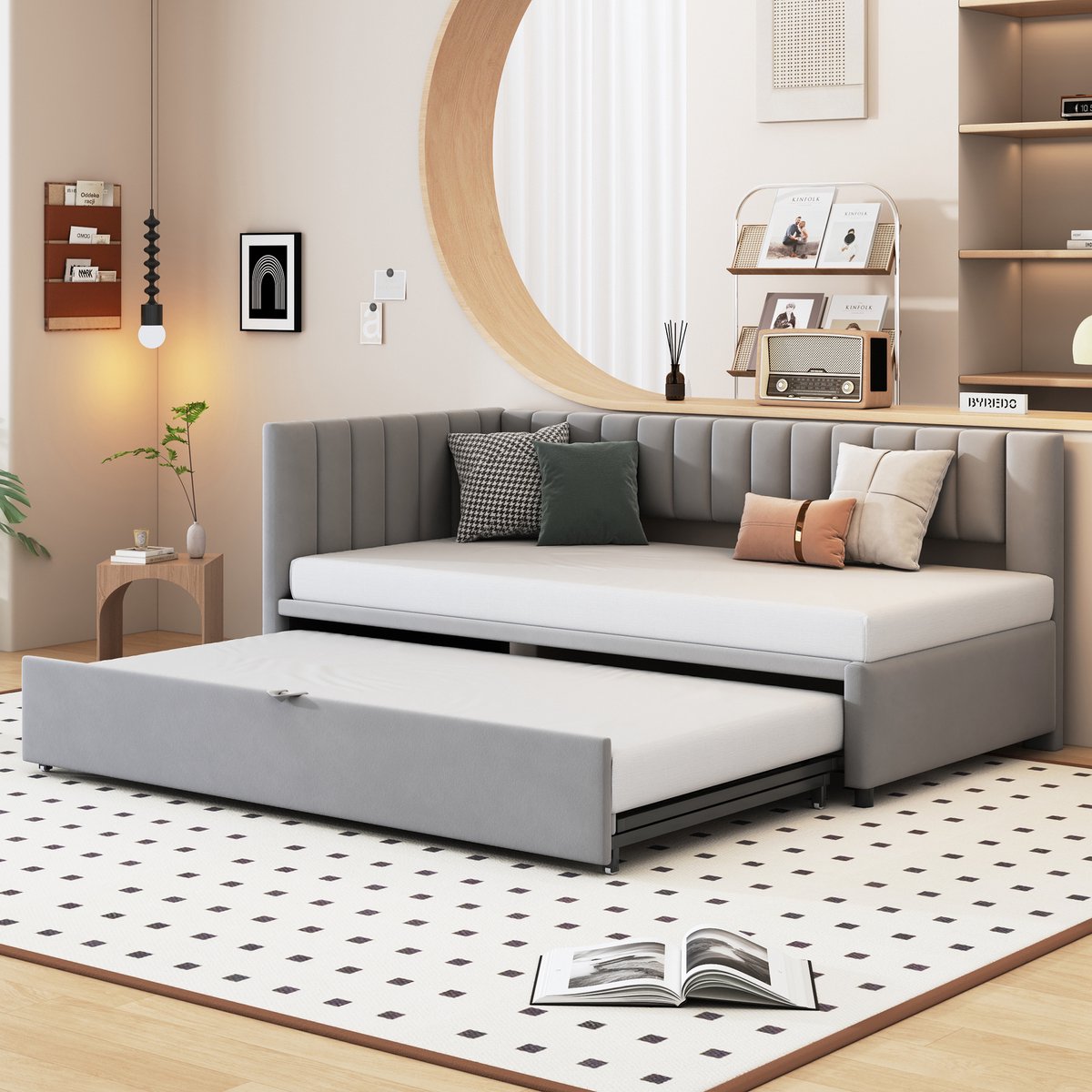 Multifunctionele slaapbank - Uitschuifbed 90x200 - Gestoffeerd - L-vormige slaapbank grijs - 120kg draagvermogen - Logeerkamer - 208x97,5x75cm - Grijs