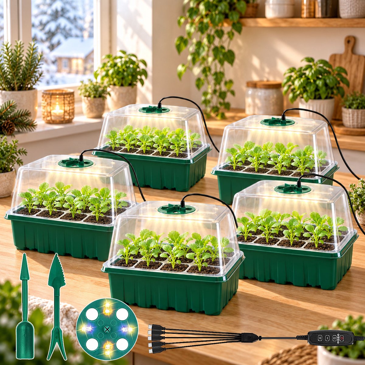 Rosnek 5 Stuks Kweekbakken met Groeilamp - Zaaibakken voor Zaailingen - Dimbare Mini Kweekkas met 4/8/12/18 Uur Timer - Full Spectrum LED Kweekset met Vochtigheidsdeksel - Donkergroen