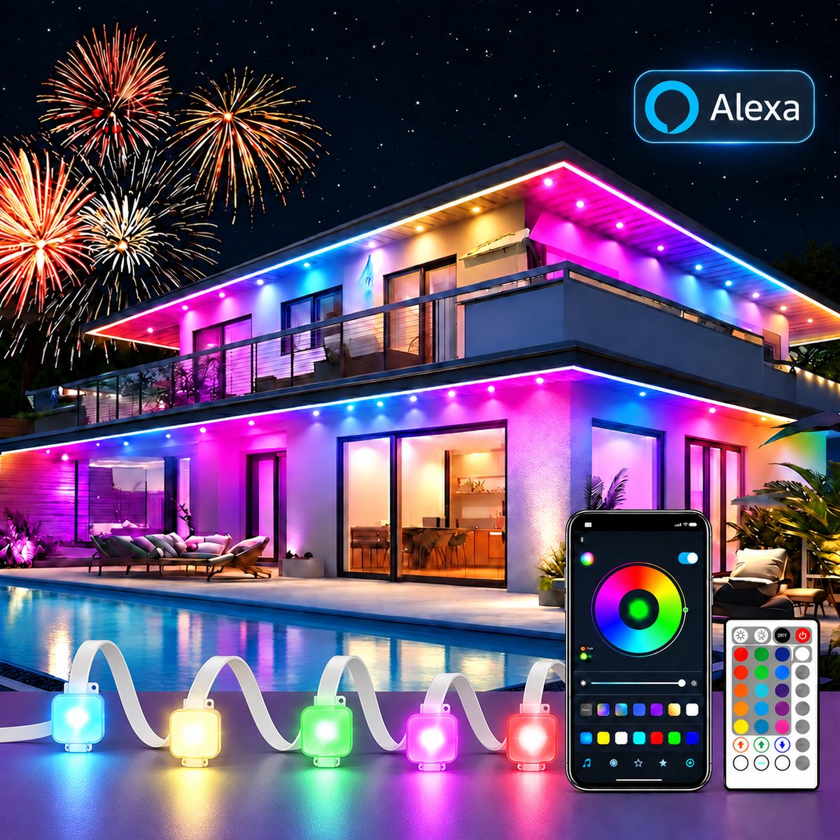 MUPOO Slimme LED Strip Buiten IP67 RGBIC - Dakrandverlichting - Lichtsnoer ,Lichtslinger, Lichtketting, Tuinverlichting & Sfeerverlichting Buiten - App, Muzieksync & Scènes - voor Dakrand, Gevel, Overkapping, BBQ en Tuinfeest - 15 m