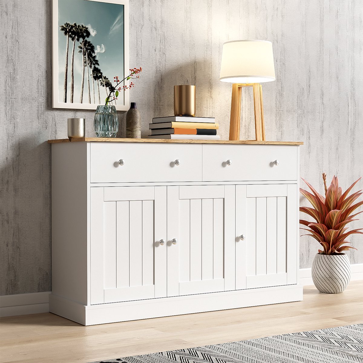 Woonkamerkast 120x36x80,5 cm – 3 Deuren & 2 Laden – Geprinte Textuur – Houtlook & Wit – Stilvolle Opbergoplossing