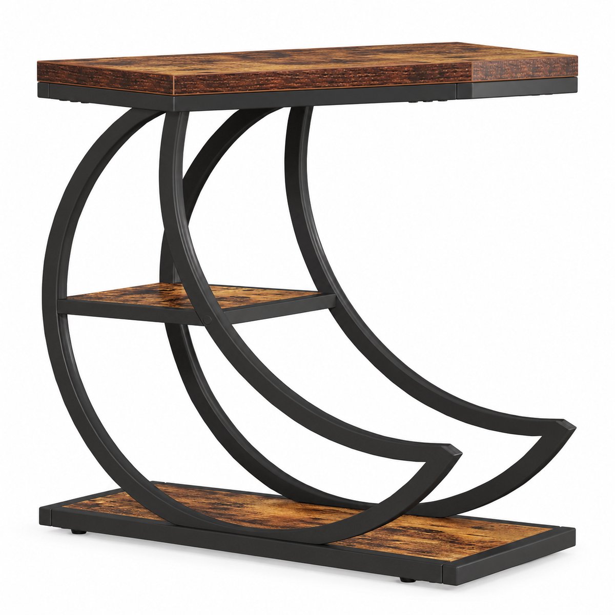 DMG Supply Bijzettafel - 3 Lagen - Gebogen Frame - 60 x 30 x 66 cm - Bruin en Zwart - Spaanplaat en Metaal