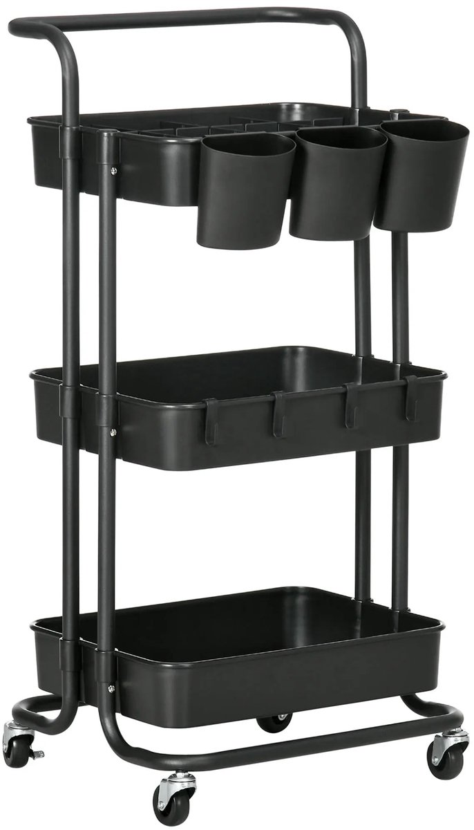 Atlasyx keukentrolley - Bijzettafel - Opbergrek - Keukenrek - Badkamer trolley - Opbergtrolley - 3 Niveaus - 42x38x86,5 cm - Zwart