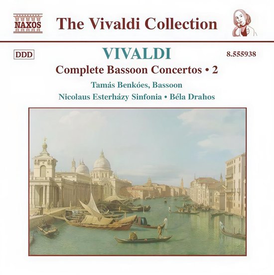 CD-hoes: "The Vivaldi Collection" met Vivaldi Complete Bassoon Concertos 2, Tamás Benkőes, Nicolaus Esterházy Sinfonia, Béla Drahos. Afbeelding van Venetië.