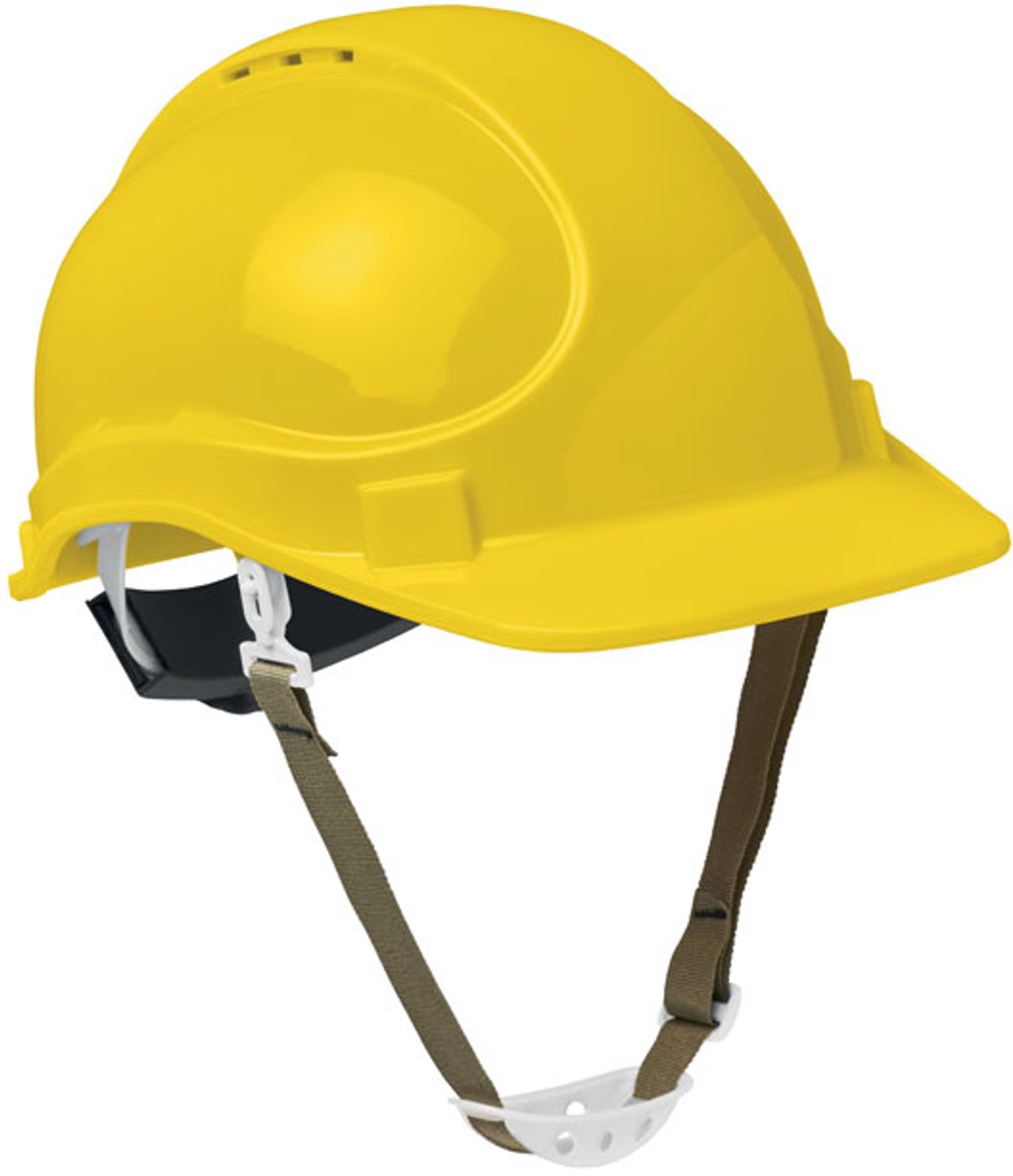 2 Stuks Veiligheidshelm in ABS voor bouwvakkers en magazijnen. Voorzien van ventilatieopeningen, afneembare kinband en zweetband. GEEL