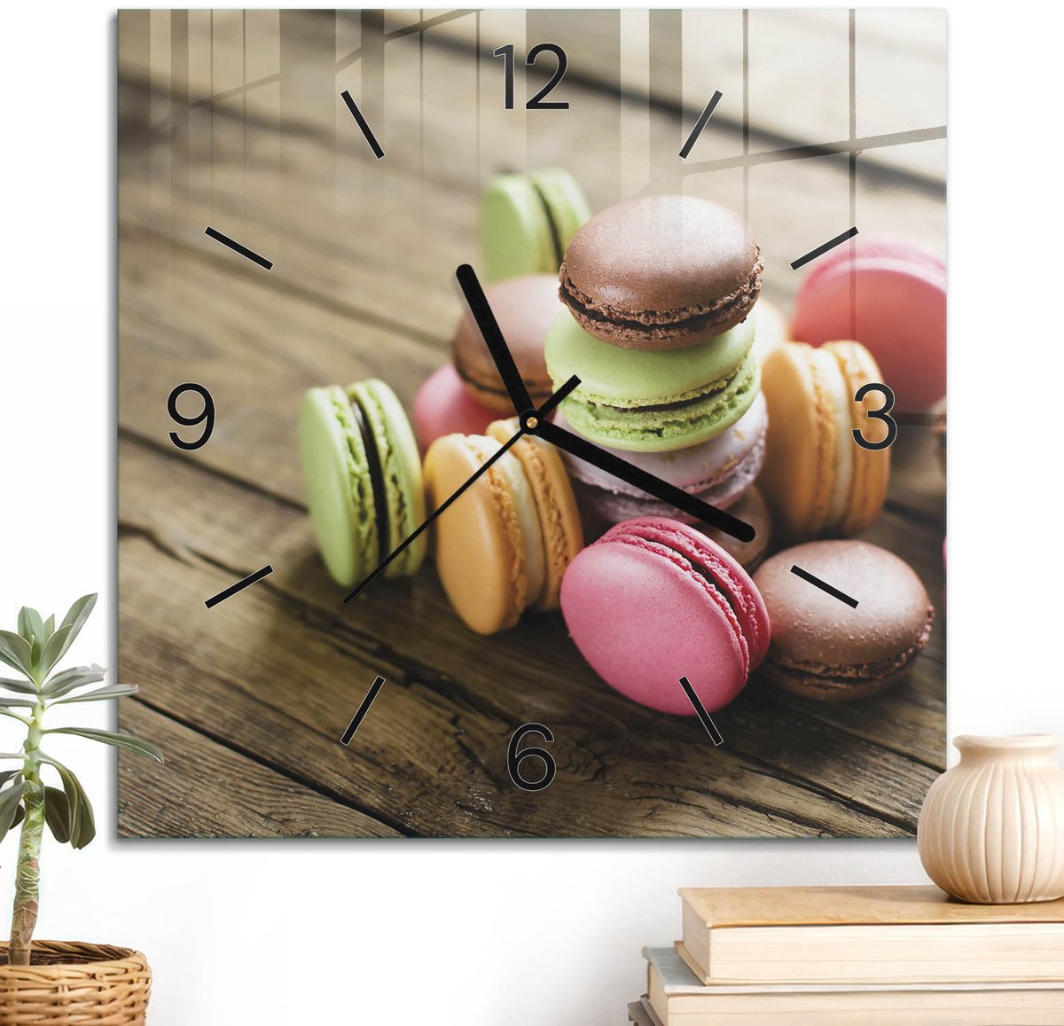 ArtPrintCave Bruin Glazen Klok - 30x30 cm - Wandklok Vierkant - Kleurrijke Macarons Unieke Klok - Texturen Stille Wandklok - Zwarte Klokwijzers