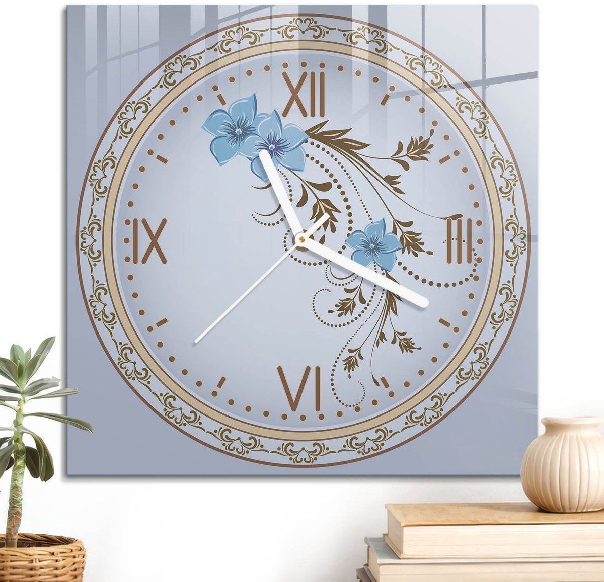 ArtPrintCave Blauw Glazen Klok - 30x30 cm - Wandklok Vierkant - Elegante Klok Stille Wandklok - Bloemen En Planten Wandklok Keuken - Witte Klokwijzers