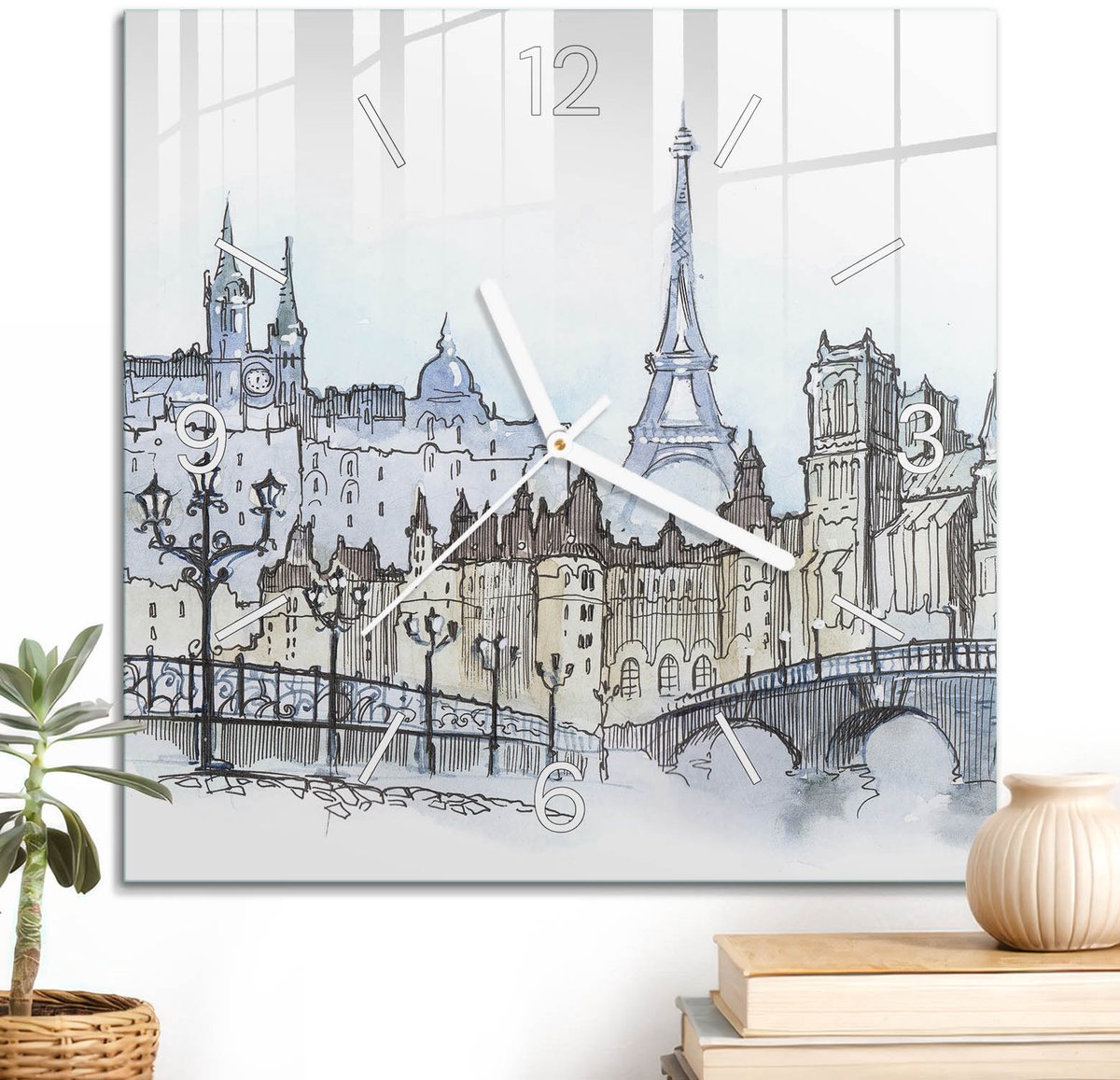 ArtPrintCave Blauw Glazen Klok - 30x30 cm - Wandklok Vierkant - Stedelijk Landschap Wandklok Keuken - Steden Unieke Klok - Witte Klokwijzers
