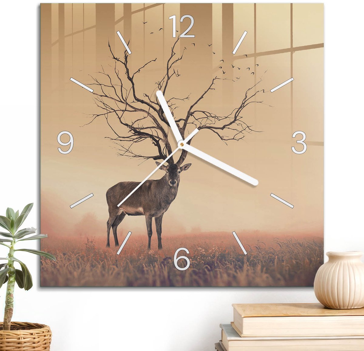 ArtPrintCave Oranje Glazen Klok - 30x30 cm - Wandklok Vierkant - Surrealistische Visie Unieke Klok - Natuur Stille Wandklok - Witte Klokwijzers