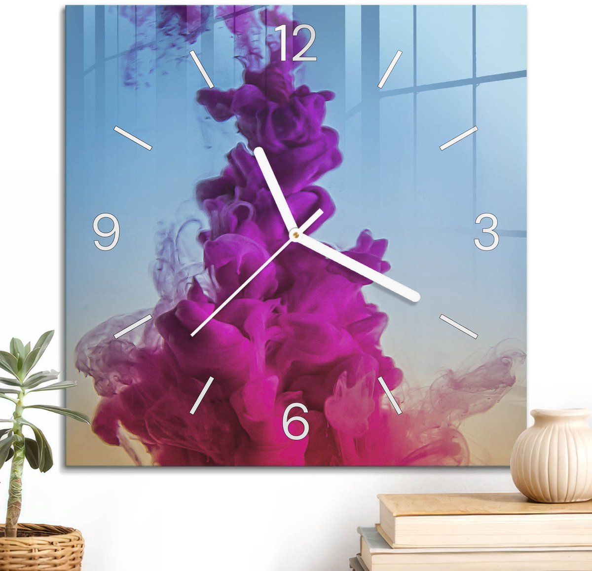 ArtPrintCave Blauw Glazen Klok - 30x30 cm - Wandklok Vierkant - Kleurrijke Abstractie Unieke Klok - Achtergronden En Patronen Stille Wandklok - Witte Klokwijzers