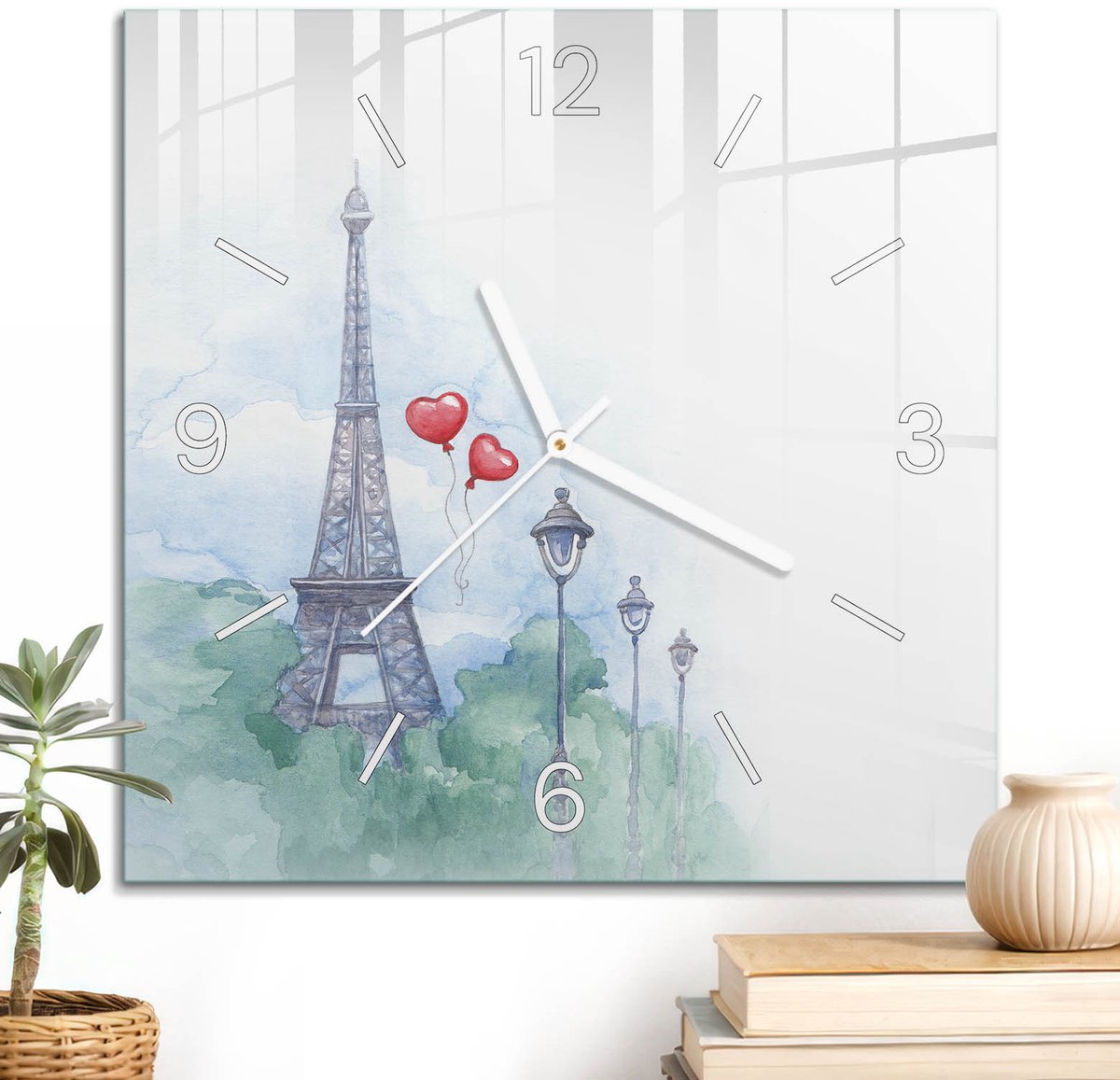 ArtPrintCave Blauw Glazen Klok - 30x30 cm - Wandklok Vierkant - Romantisch Parijs Wandklok Keuken - Kunst Unieke Klok - Witte Klokwijzers