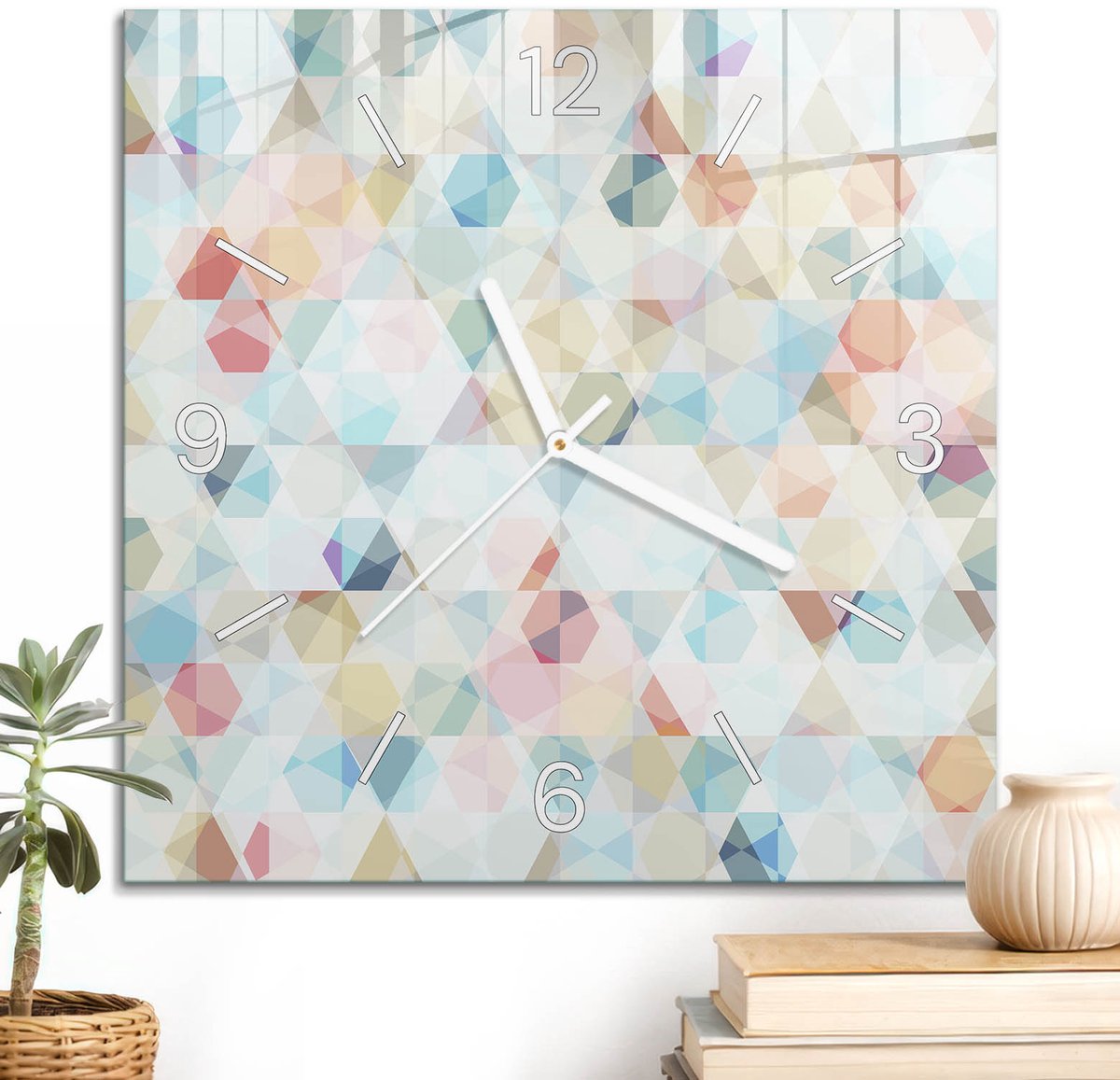 ArtPrintCave Blauw Glazen Klok - 30x30 cm - Wandklok Vierkant - Kleurrijk Mozaïek Unieke Klok - Geometrie Stille Wandklok - Witte Klokwijzers
