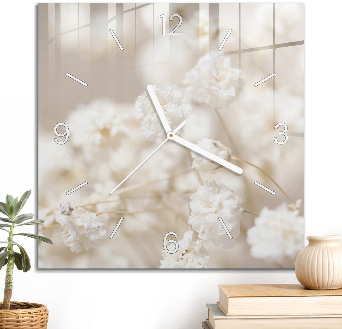 ArtPrintCave Wit Glazen Klok - 30x30 cm - Wandklok Vierkant - Witte Delicatesse Wandklok Keuken - Natuur Unieke Klok - Witte Klokwijzers