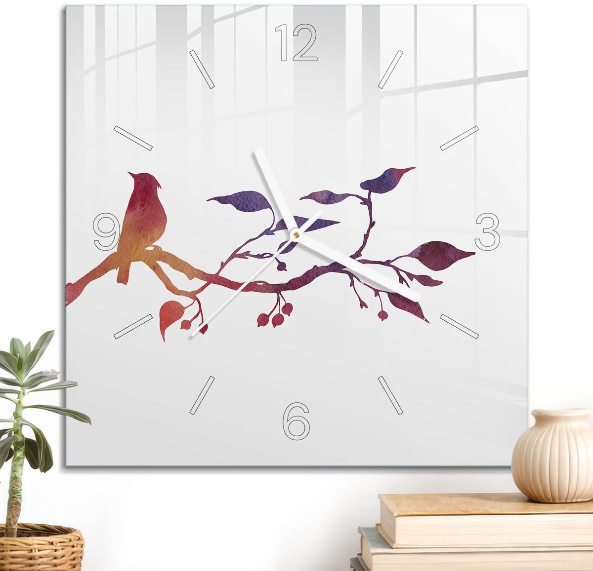 ArtPrintCave Wit Glazen Klok - 30x30 cm - Wandklok Vierkant - Aquarel Vogel Wandklok Keuken - Natuur Unieke Klok - Witte Klokwijzers