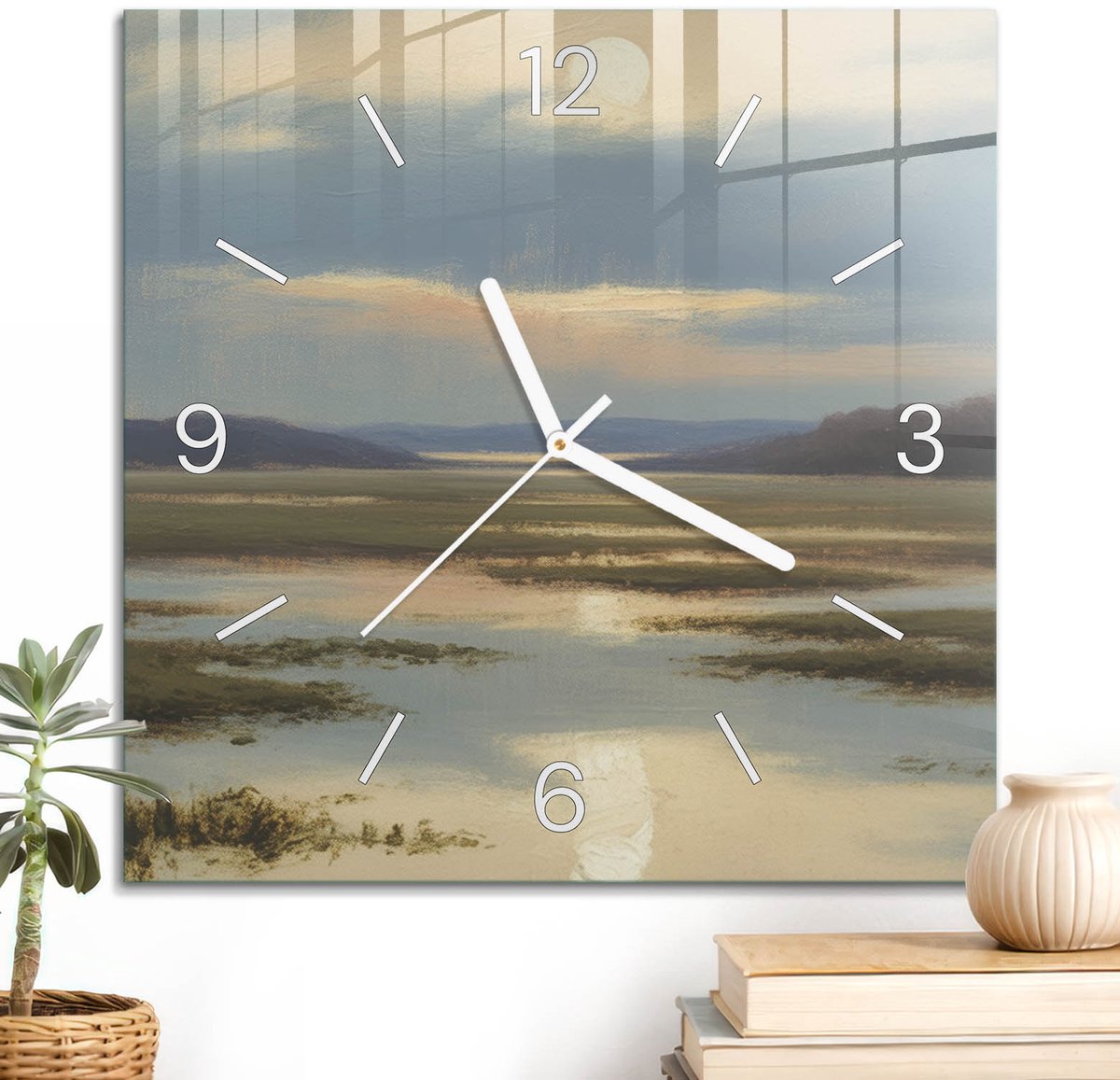 ArtPrintCave Blauw Glazen Klok - 30x30 cm - Wandklok Vierkant - Pastel Landschap Unieke Klok - Natuur Stille Wandklok - Witte Klokwijzers