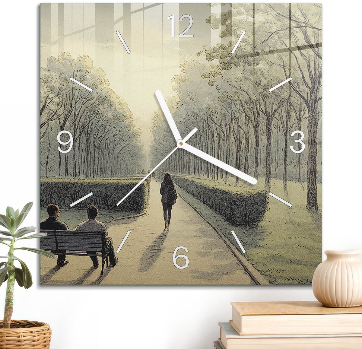 ArtPrintCave Groene Glazen Klok - 30x30 cm - Wandklok Vierkant - Parkwandeling Stille Wandklok - Natuur Wandklok Keuken - Witte Klokwijzers