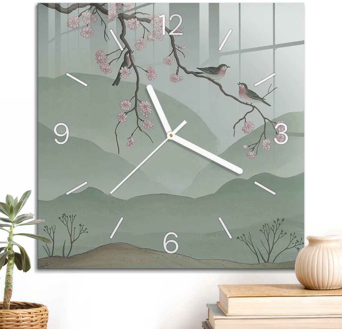 ArtPrintCave Groene Glazen Klok - 30x30 cm - Wandklok Vierkant - Bloeiende Natuur Unieke Klok - Bloemen En Planten Stille Wandklok - Witte Klokwijzers