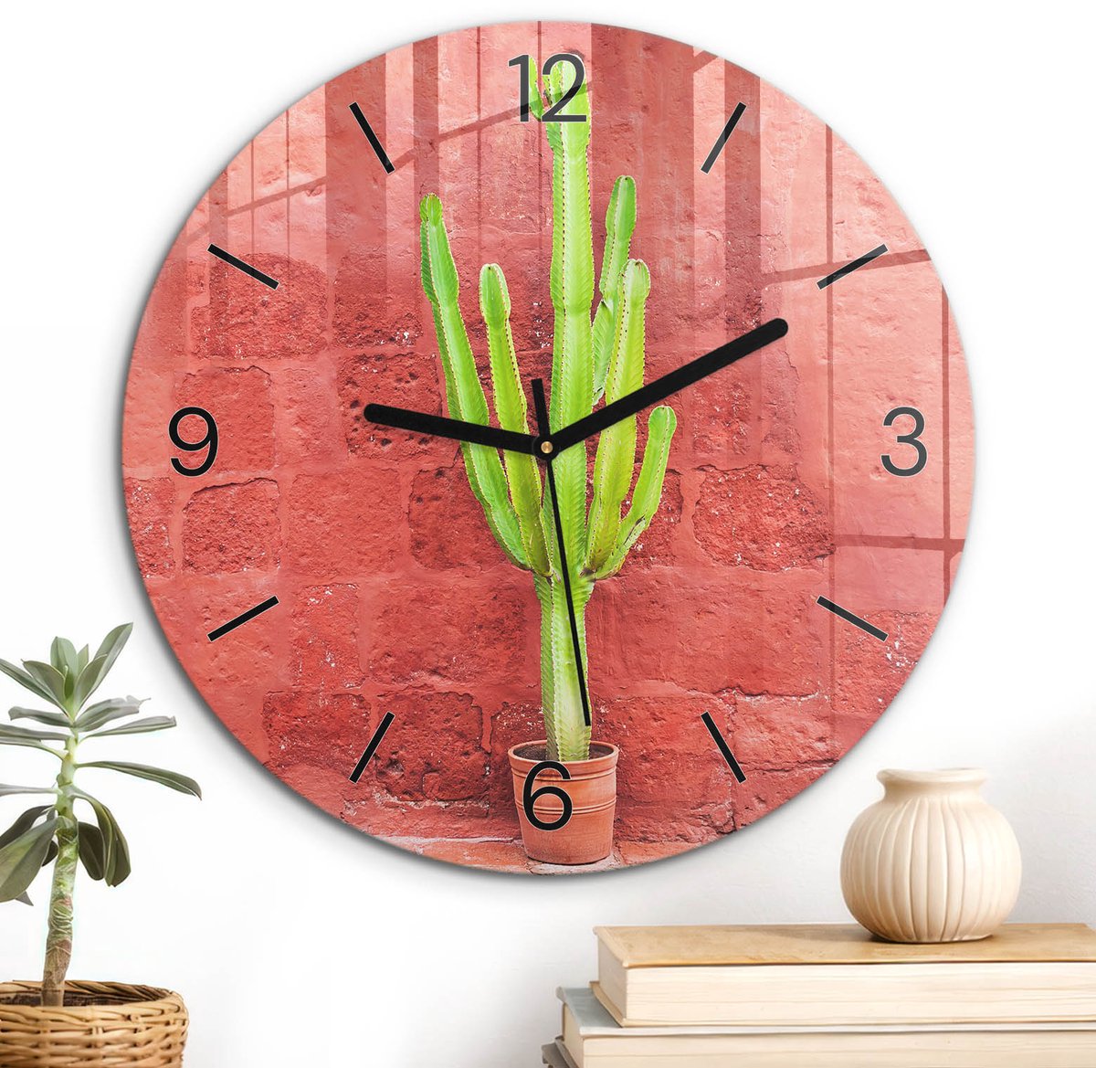 ArtPrintCave Rood Glazen Klok - Wandklok 30 cm - Muurklok Rond - Cactussteen Wandklok Keuken - Architectuur Unieke Klok - Zwarte Klokwijzers