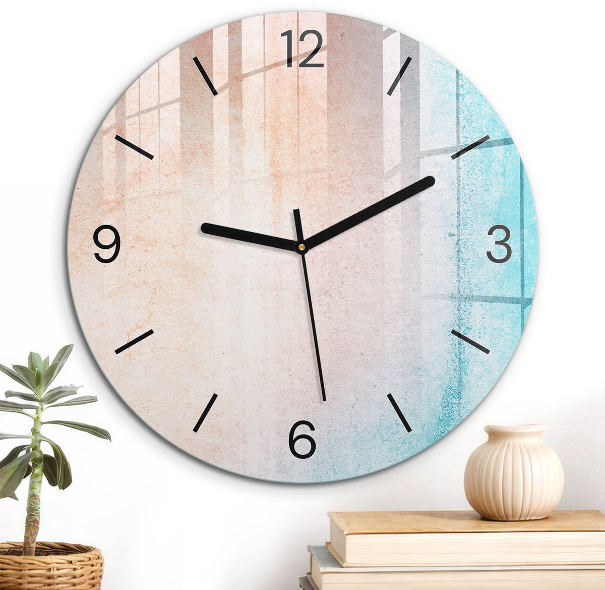 ArtPrintCave Blauw Glazen Klok - Wandklok 30 cm - Muurklok Rond - Pastelkleurige Overgang Unieke Klok - Kunst Stille Wandklok - Zwarte Klokwijzers