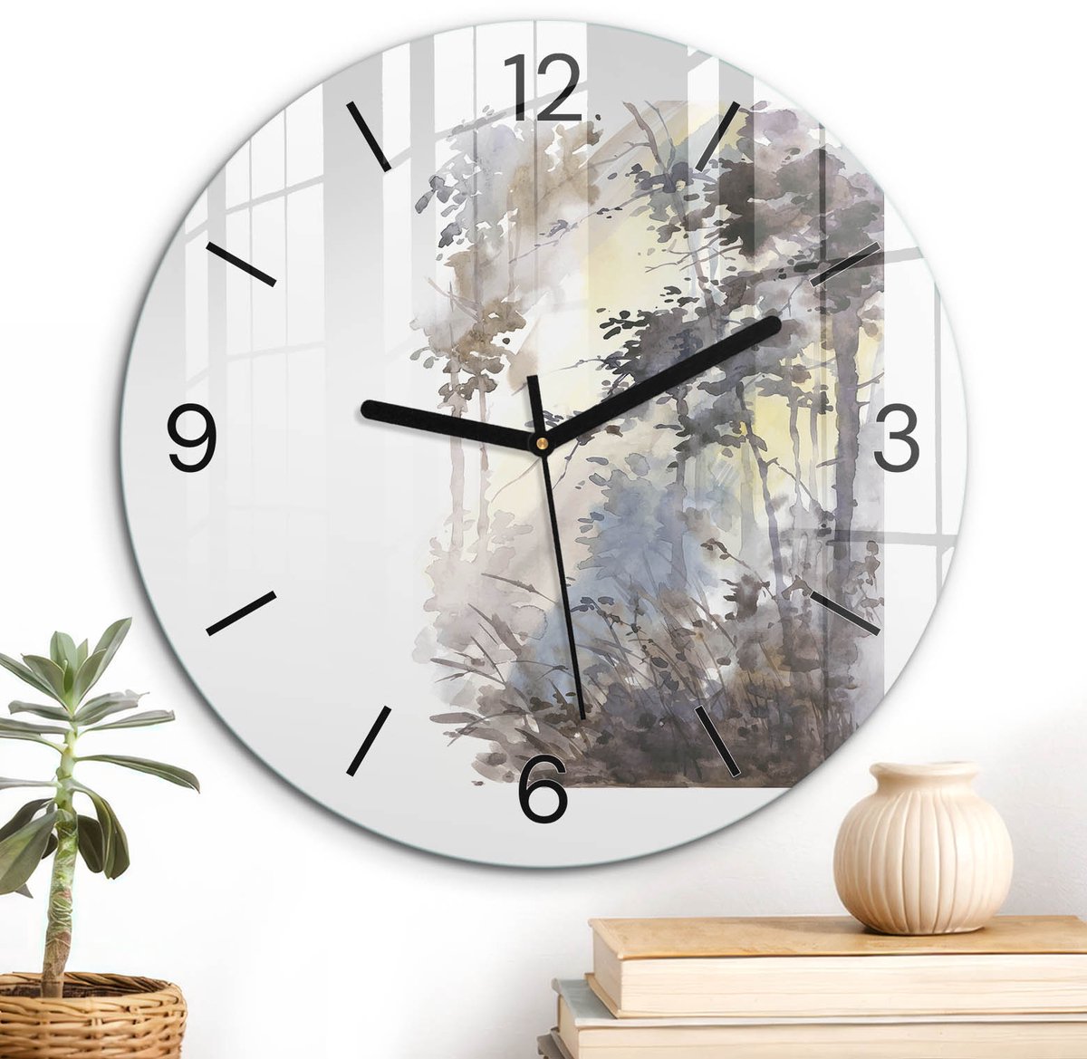 ArtPrintCave Grijs Glazen Klok - Wandklok 30 cm - Muurklok Rond - Bosochtend Unieke Klok - Kunst Stille Wandklok - Zwarte Klokwijzers