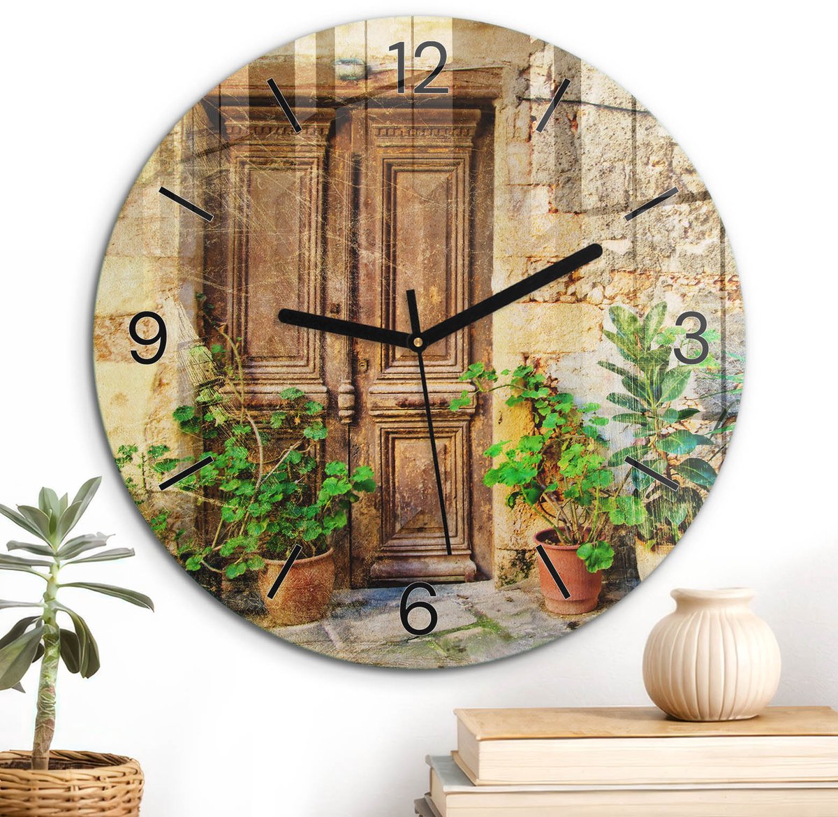ArtPrintCave Beige Glazen Klok - Wandklok 30 cm - Muurklok Rond - Rustieke Steeg Unieke Klok - Natuur Stille Wandklok - Zwarte Klokwijzers